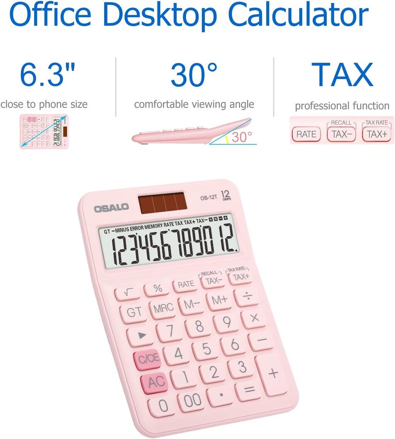Pendancy Pocket Small Size Desk Calculator, 12 Digit Large LCD Display, Basic Tax Function Handheld Desktop Calculator with Solar Battery Dual Power, Perfect for Office, School, Business OS-12T (Pink) - Image 4